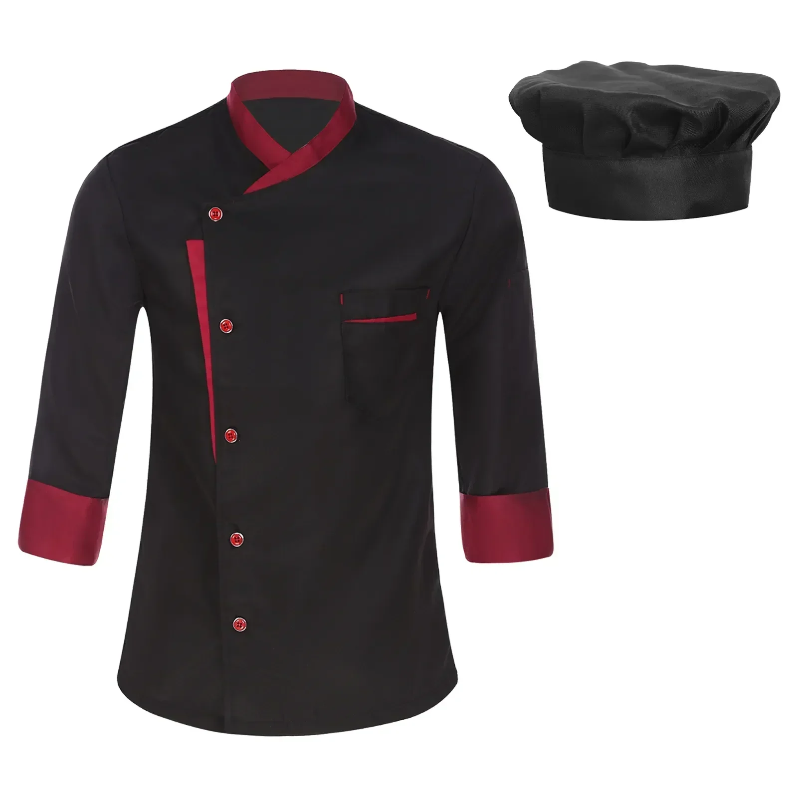 Sleeve Men Chef Kitchen Color With Hat Coat Work Cosplay Cooking Shirt Long Jacket Contrast Food Uniform Hotel Restaurant Unisex