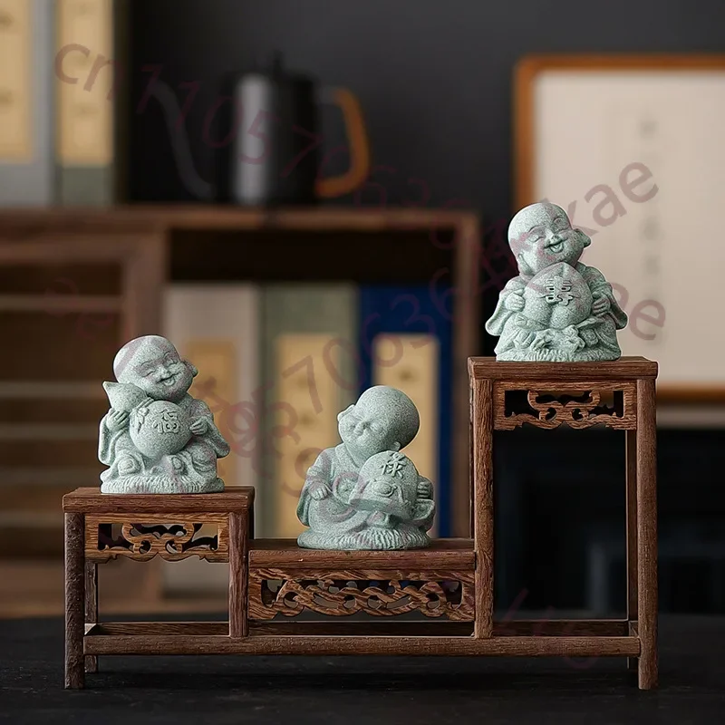 Green Sandstone Fu Lu Shou Little Monk Sculptures And Figurines Cute Home Room Office Wealth Luck Feng Shui Decor Statuette