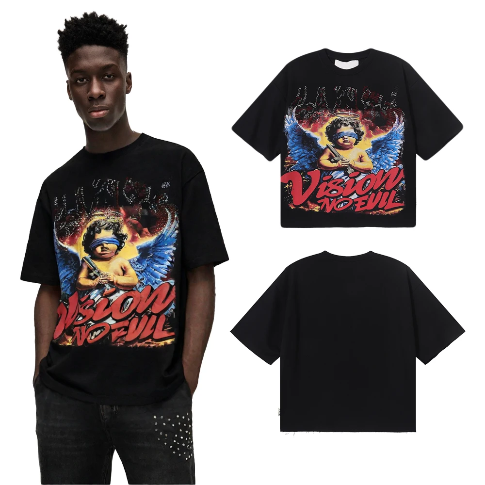 American Y2k Streetwear Angel Graphic T Shirts with Rhinestones Hiphop Street Style Terry Cotton Retro Casual Short Sleeves Tees