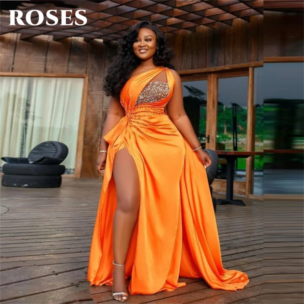 

Roses Mermaid African Orange Sexy One Shoulder Prom Dresses Sequins Beaded Ruffles Evening Gowns High Split Formal Party Dress