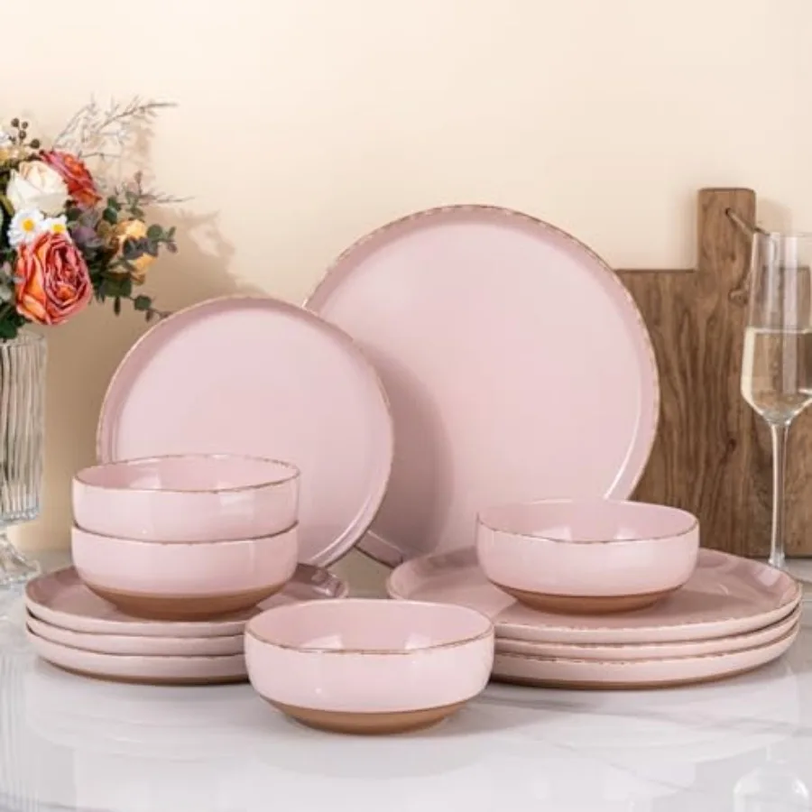

Ceramic Dinnerware Sets for 4 12 Pieces Handpainted Plates and Bowls Set with Rustic Terracotta Underside Scratch Resistant Sto