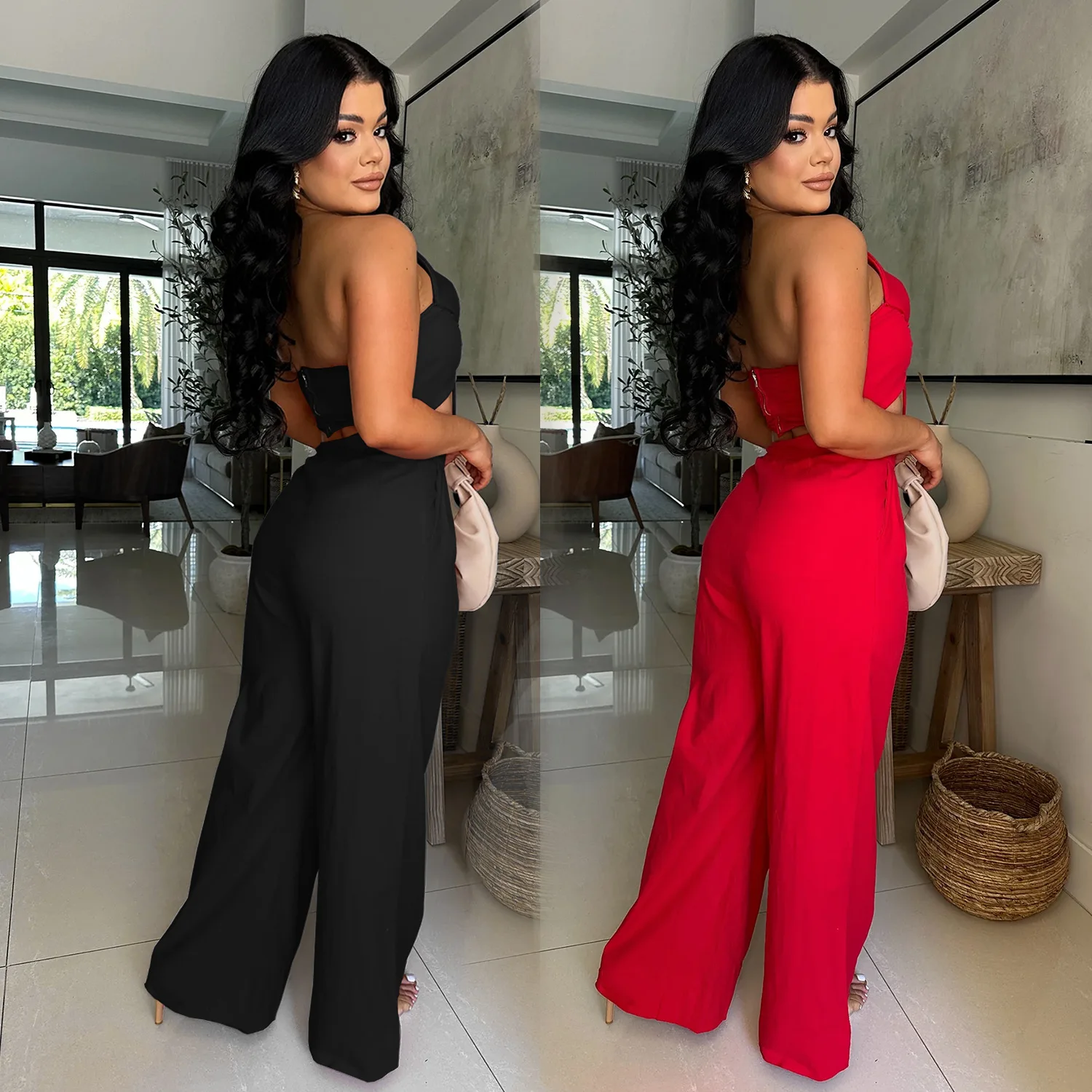 C7375 feminino formal único breasted macacão calças de perna larga camisa de escritório roupa cor sólida sem mangas macacões com cinto