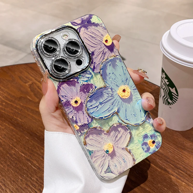 INS Glitter lens film oil painting floral phone case for iphone 15 13 11 14 12Pro 14pro 13Pro Max shockproof dot diamonds cover