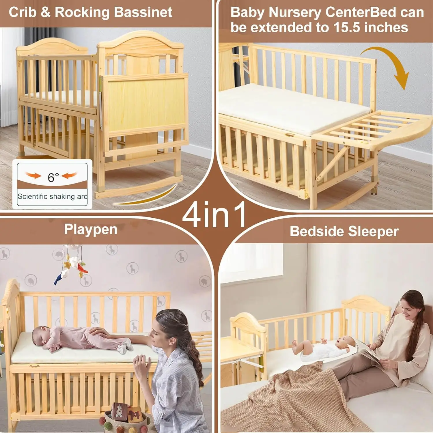 Mini berceaux 4 en 1 pour bébé, structure convertible 138 bébés avec étagère proxy et matelas inclus, 2024 bois