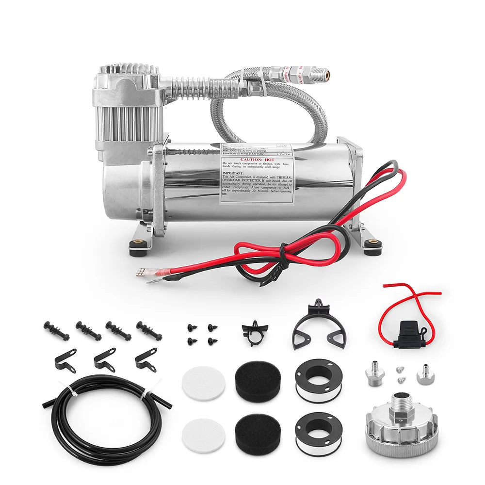 

200PSI 480C 12V 1/4NPT or 3/8NPT Universal Air Suspension Compressor Pump Kit Chrome