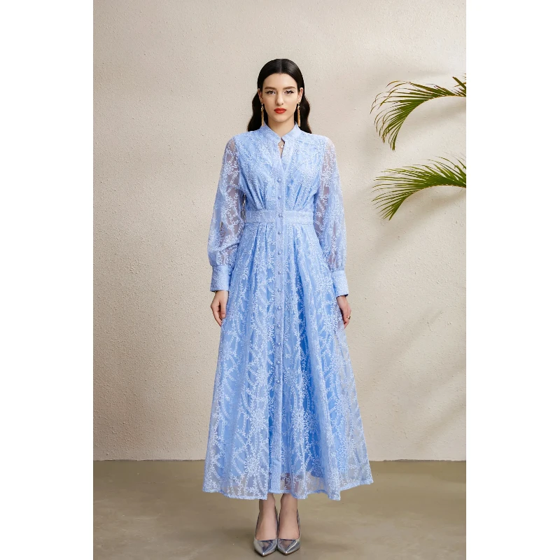 

Summer Holiday Women's Embroidery Lace Evening Prom Dress Slim Long Sleeve Maxi Pearl Buttons Designer Runway Style Party Dress