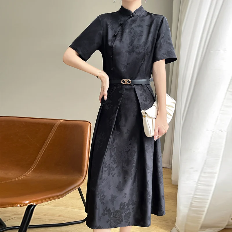 Summer New Jacquard Commuter Acetic Satin Cheongsam Dress Female Retro New Chinese National Style Short Sleeve Horse Face Dress