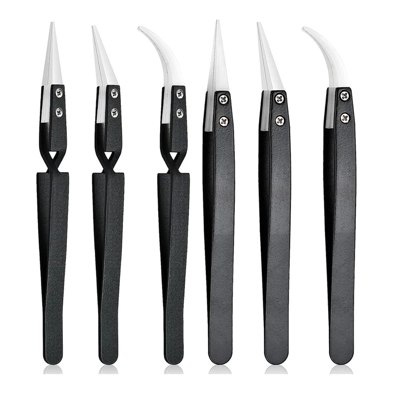 6 Piece Precision Reverse Ceramic Tweezers Set Resistant Electronics Soldering Tweezers Anti-Magnetic Pointed For Solder A