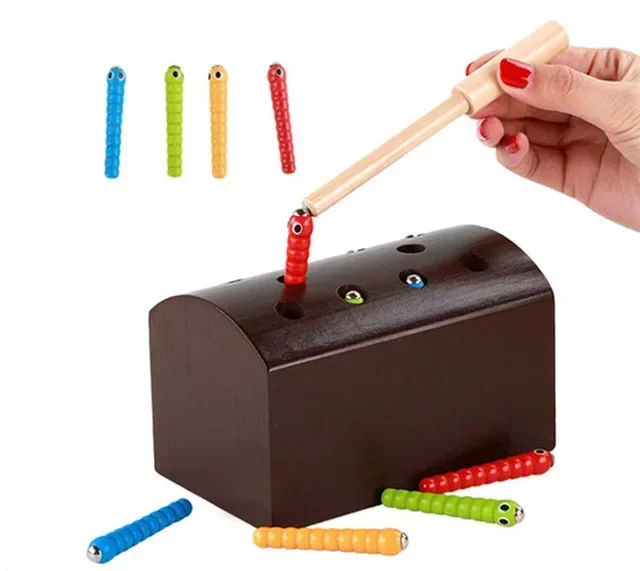 

[Funny] Wooden catch caterpillar toys for baby kids educational early learning Parent-child interaction toy Magnet suction toy