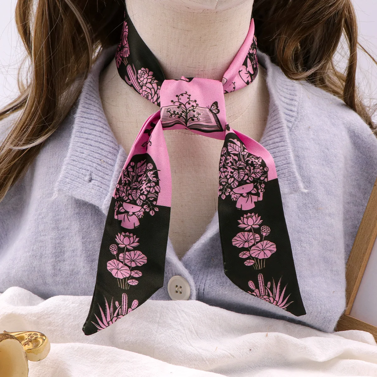 Pink Black Plant Print Skinny Scarf Women Small Bag Scarves Hair Neck Scarf For Ladies Foulard Lotus Neckerchief Headband