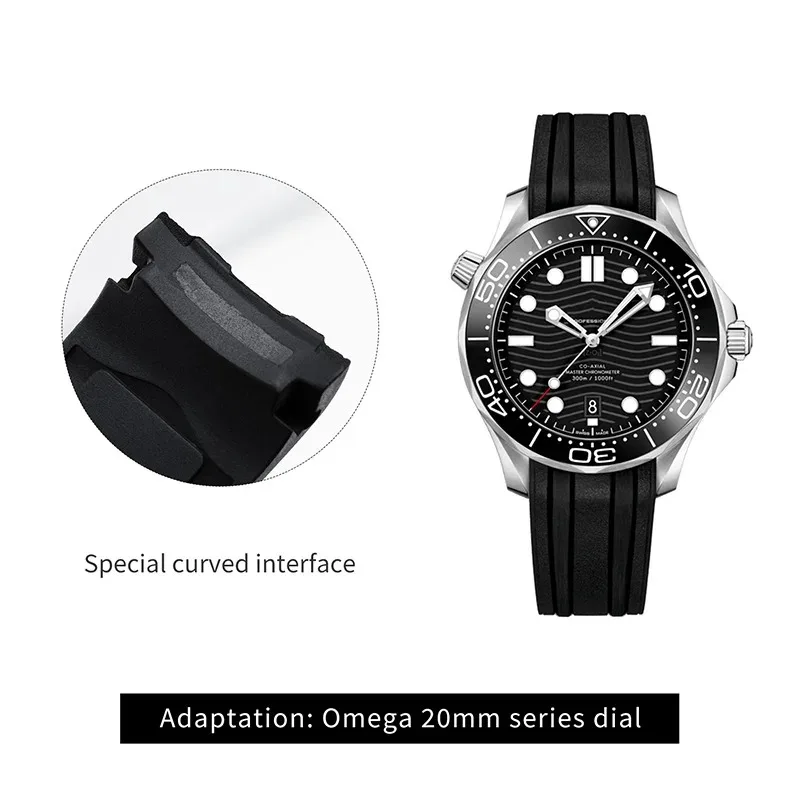 20mm Original Design For Omega Seamaster 300 Curved End FKM Rubber Watch Strap Waterproof Flexible Multi-Color Watch Band