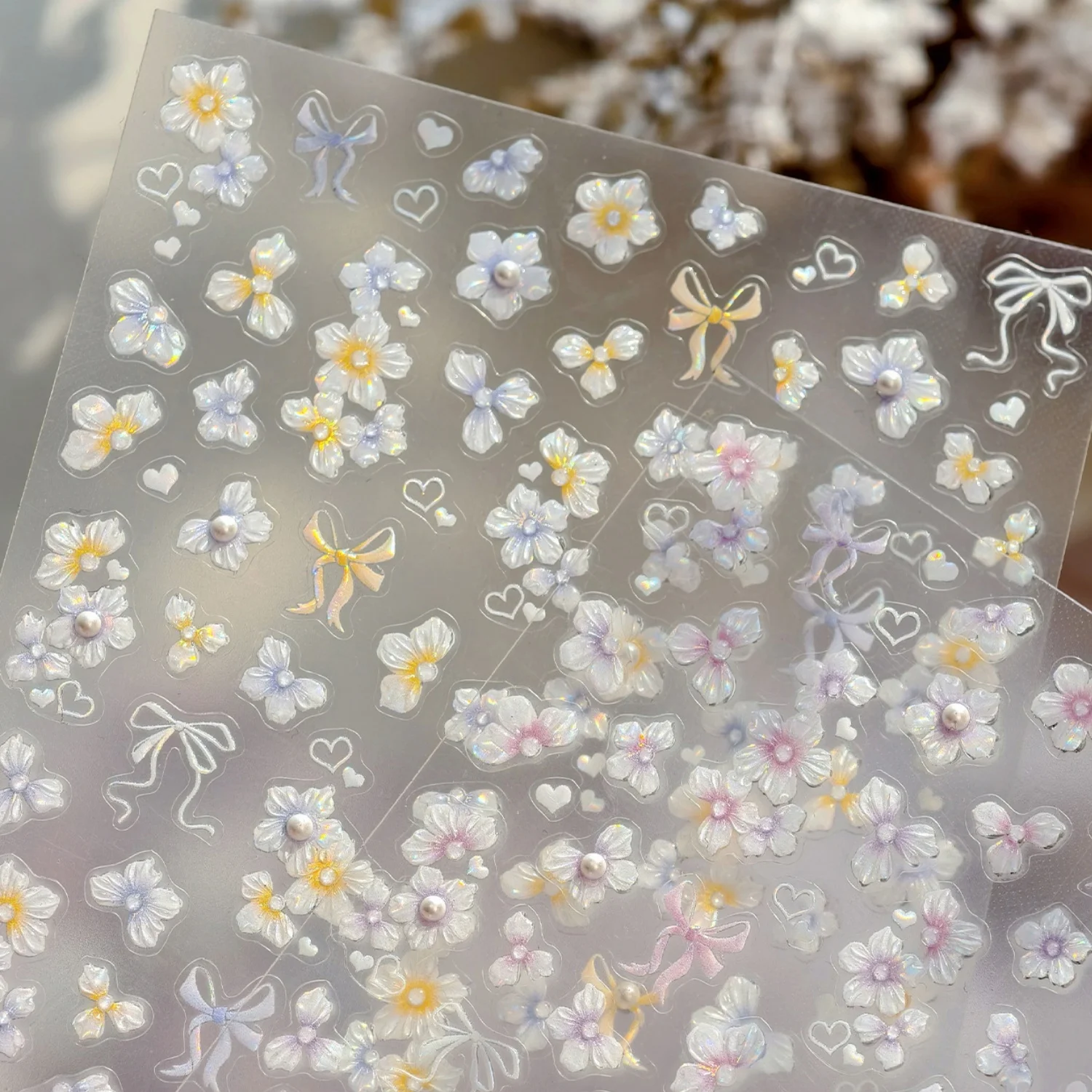 Blau-Gelber Blumen-Farbverlauf Perlen-Blumen-Schleife Perlenherz Frischer Sommer 5D Nagelkunst-Aufkleber Geprägte Selbstklebende Maniküre-Dekoration