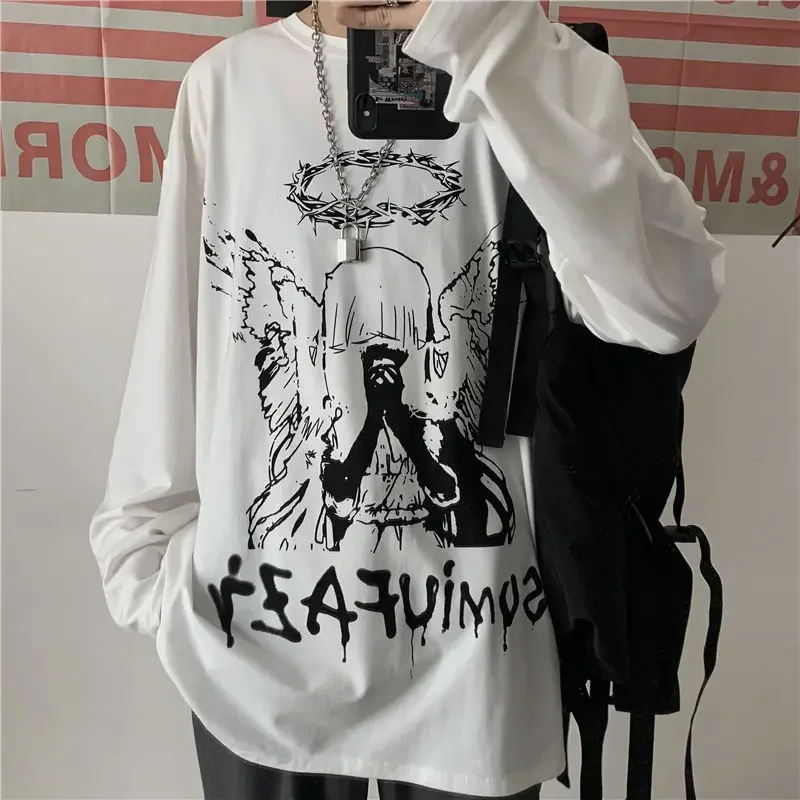 Herren T-Shirt für den Herbst, Langarm-Shirt mit Rundhalsausschnitt, Übergroßes Gothic Dark Academia Y2k T-Shirt, Herren-Oberteil – Detail 8
