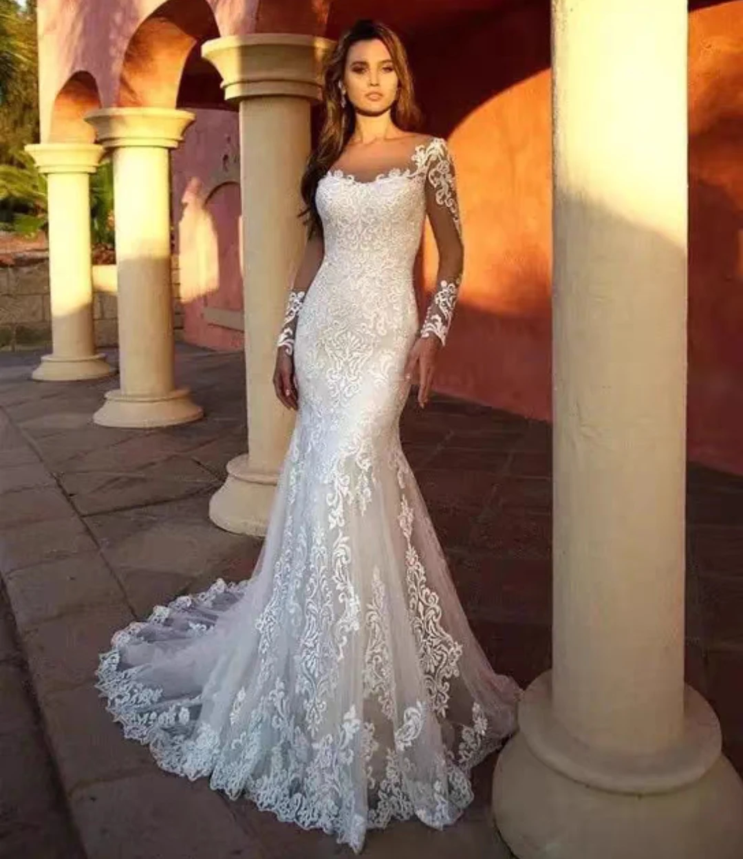 Wedding Dress Mermaid  Sheer Neck Long Sleeves With Lace Appliques Sweep Train Custom Made Vestidos De Novias 2024