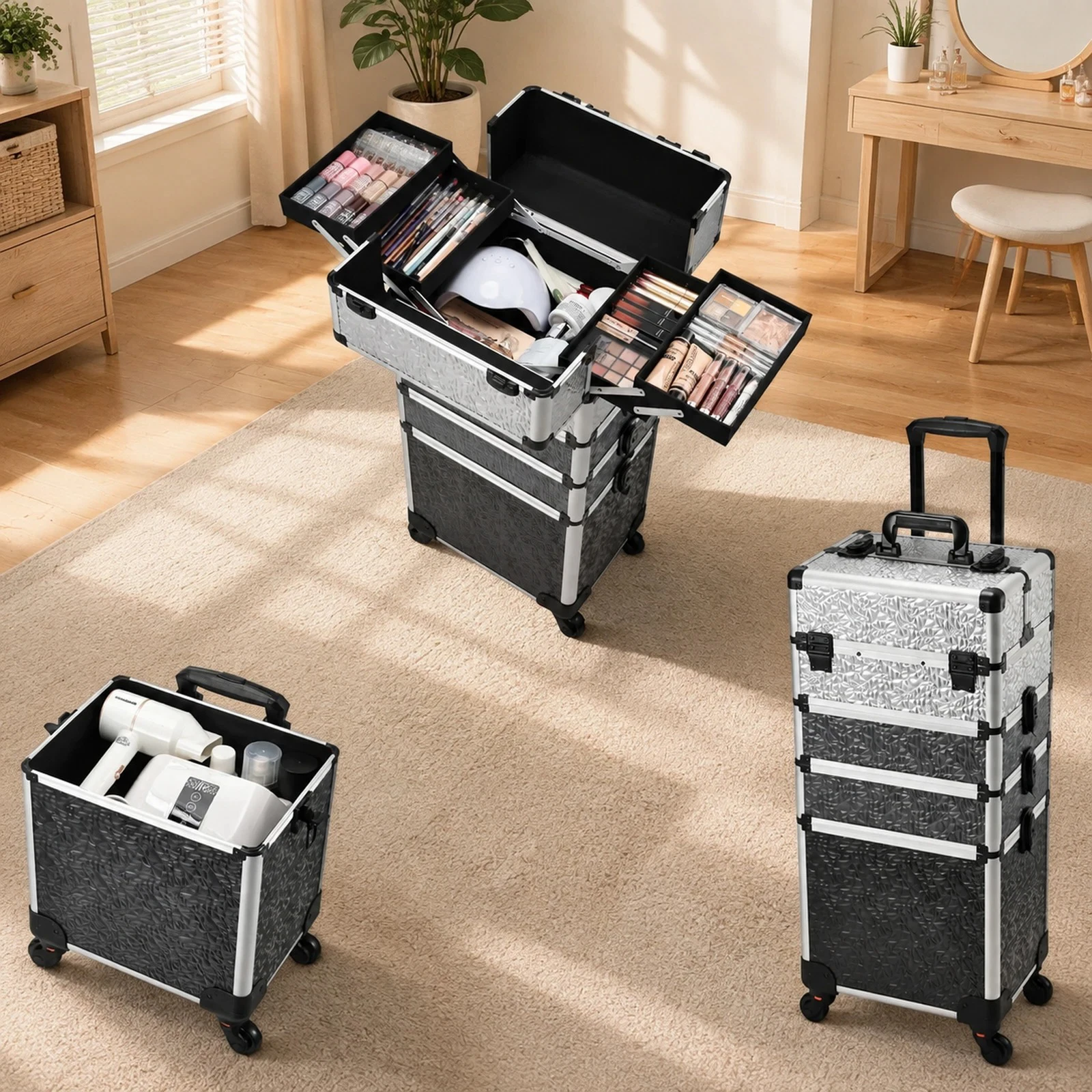 Valise de Cosmétologie Rigide 4-en-1 en Aluminium sur Roulettes, Grande Capacité, avec 4 Plateaux, Chariot de Maquillage Roulant, Valise de Voyage pour Tatouage, Organisateur de Vernis à Ongles, Boîte de Rangement, Valise de Maquillage Professionnelle de Voyage avec Clés