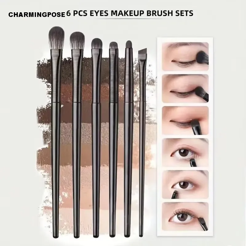 Juego de brochas de maquillaje de ojos negras de 6 piezas: brochas precisas para mezclar, delineador, contorno y definidor de sombras de ojos para looks profesionales