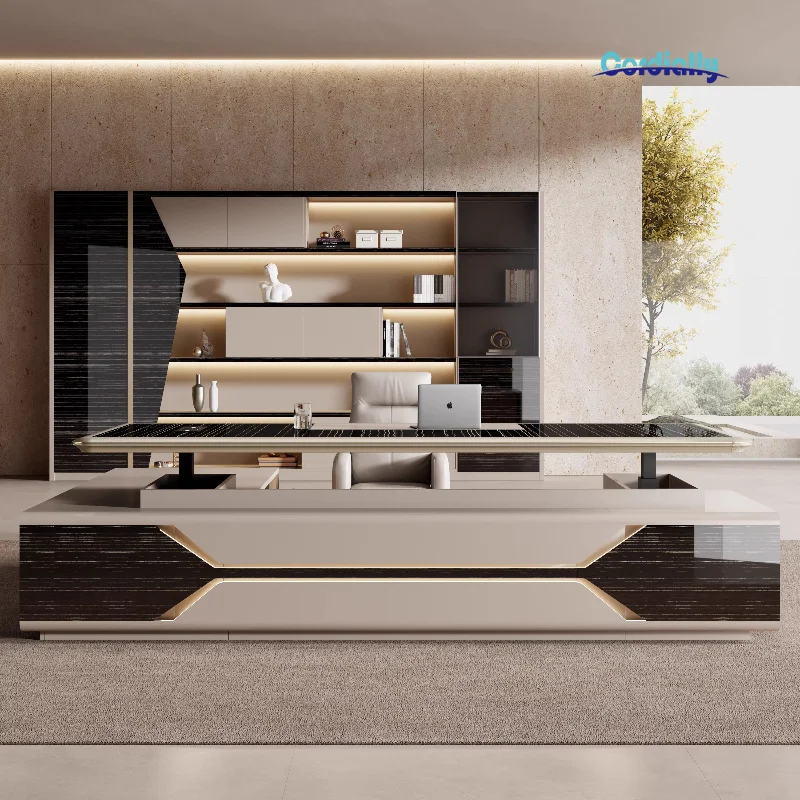 Intelligent Electric Lift Executive Desk With Side Cabinet Luxury Elegant Computer Table Office Furniture