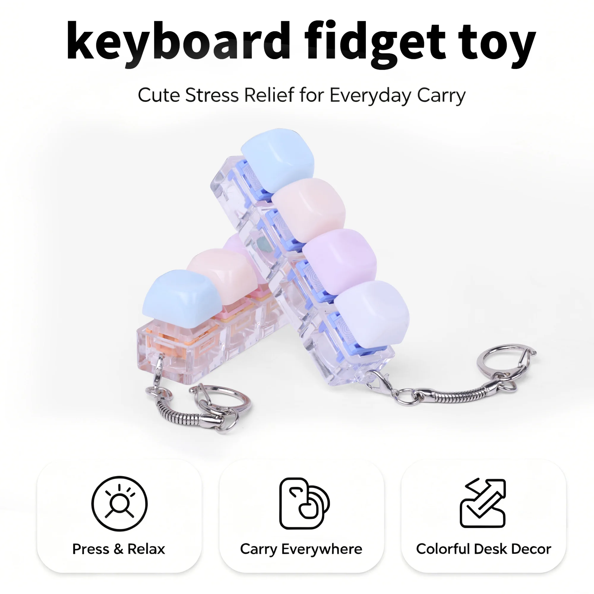 4 Keys Button Keycap Fidget Toy Keychain Keyboard Key Decompression Toy Keyboard Cube Toy for Adult Gifts To Relief Pass Time