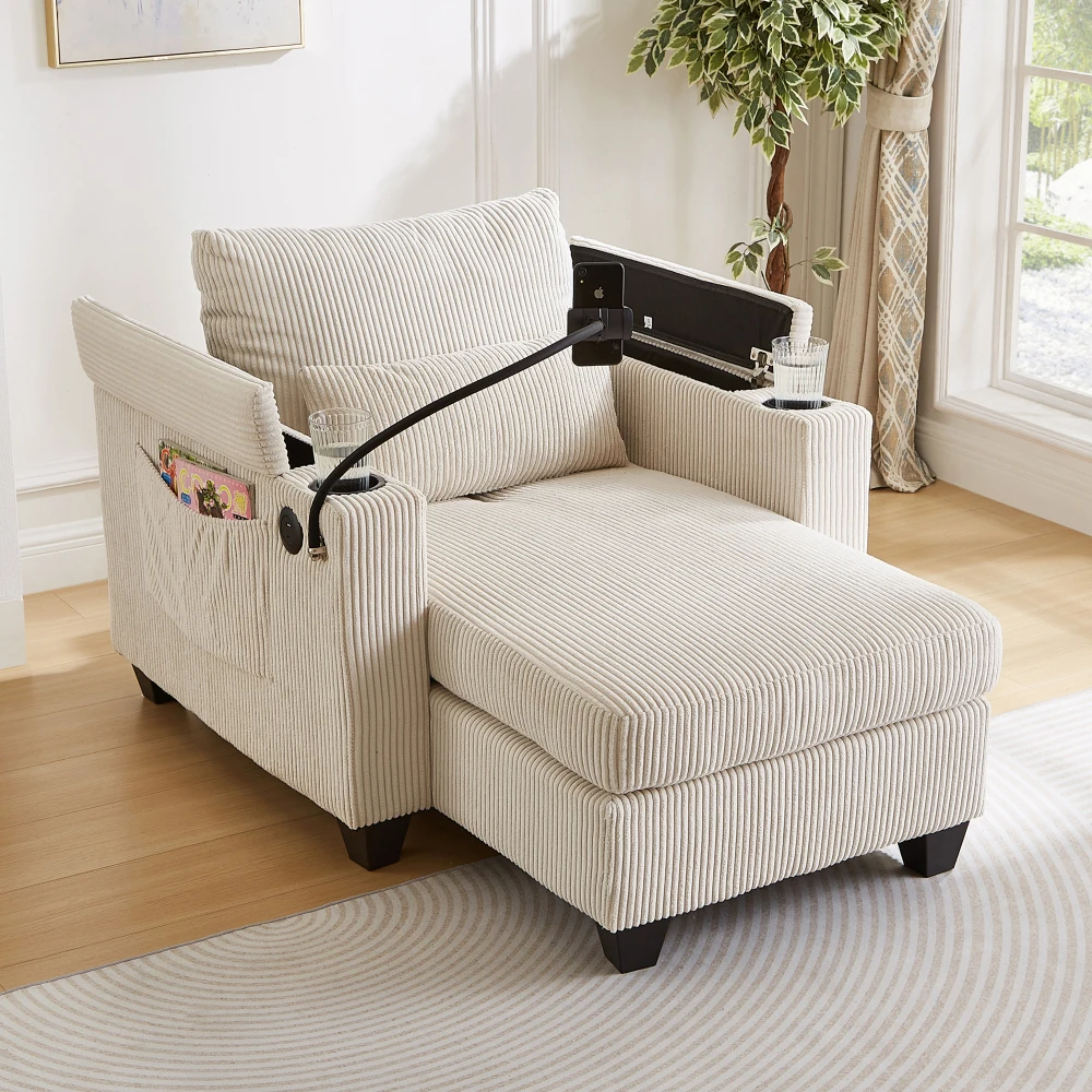 

YQXH Convertible Chaise Lounge 37.4" Sofa Chair Sofa Bed Corduroy Sleeper Sofa with USB Ports , Two Cup Holders, Phone Holder