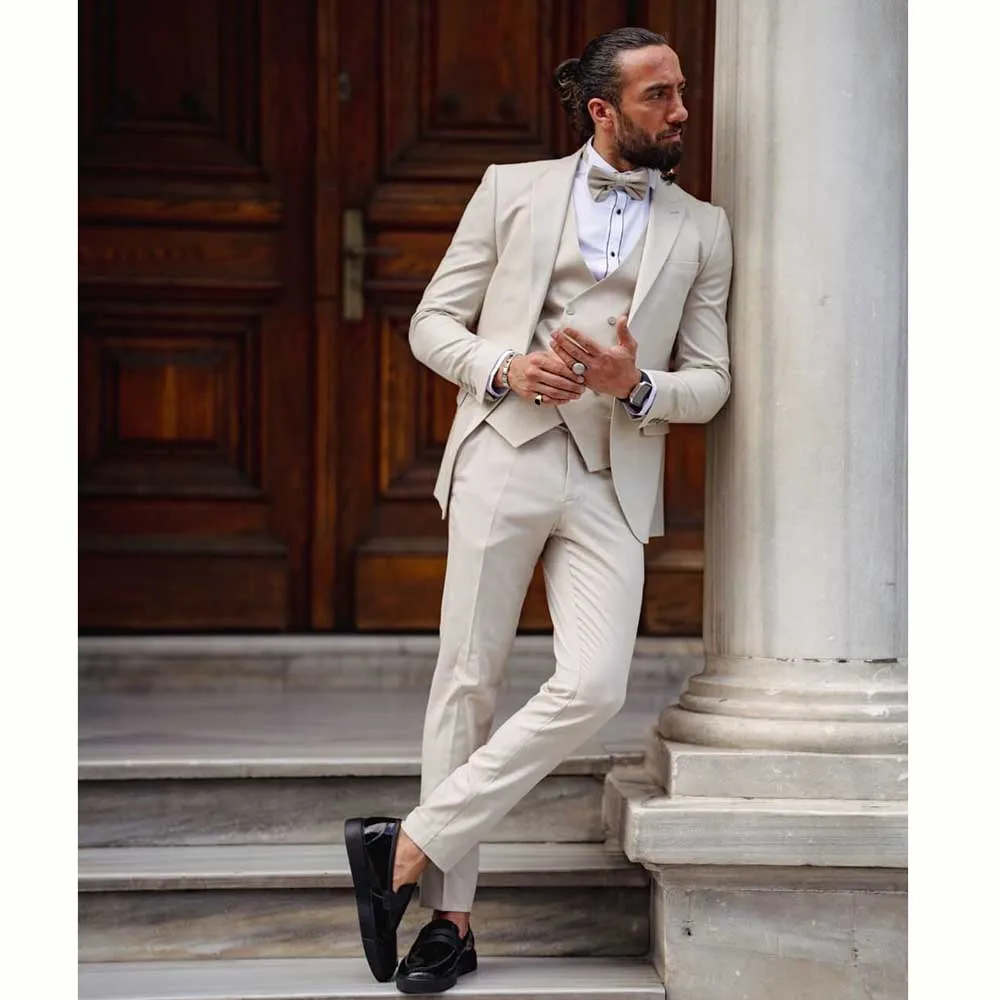 Elegant Beige Suit for Men 3 Piece Jacket Vest Pants One Button Male Clothing Slim Fit Formal Business Wedding Party Groom's Set