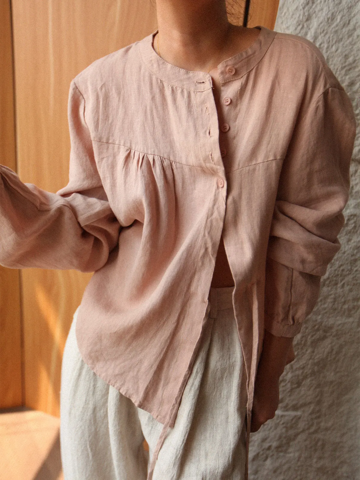 

A1st Editor's Store Japanese Minimalist Pink Linen Shirt Women's Lazy Style Loose Anti-Aging Doll Shirt Autumn Season