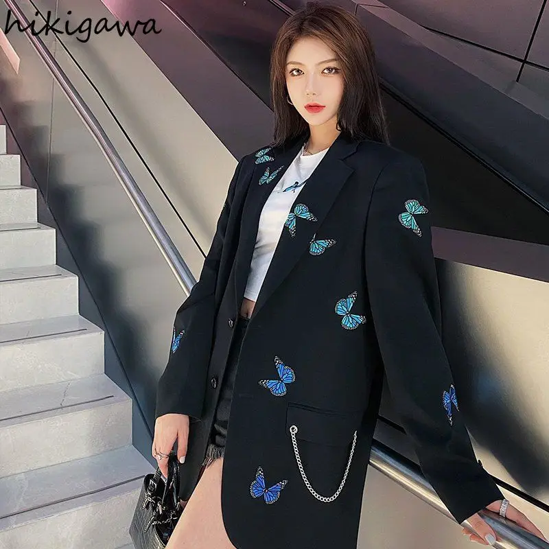 Streetwear Jackets Harajuku Fashion Black Blazer 2024 Ropa Mujer Oversized Tops Casual Chain Butterfly Embroidery Coat Women