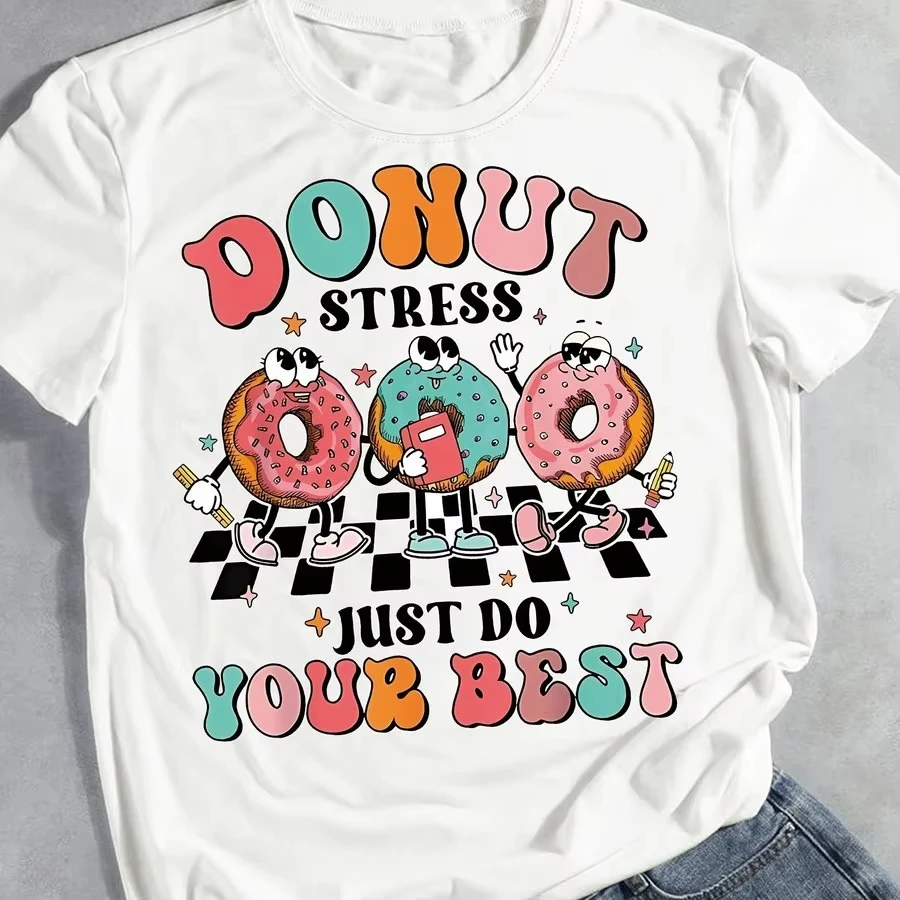 2026 Retro Cute Anthropomorphic Donut Character Print T-Shirt Unisex Men Women Vintage Funny Slogan Cotton Short Sleeve Top Tee