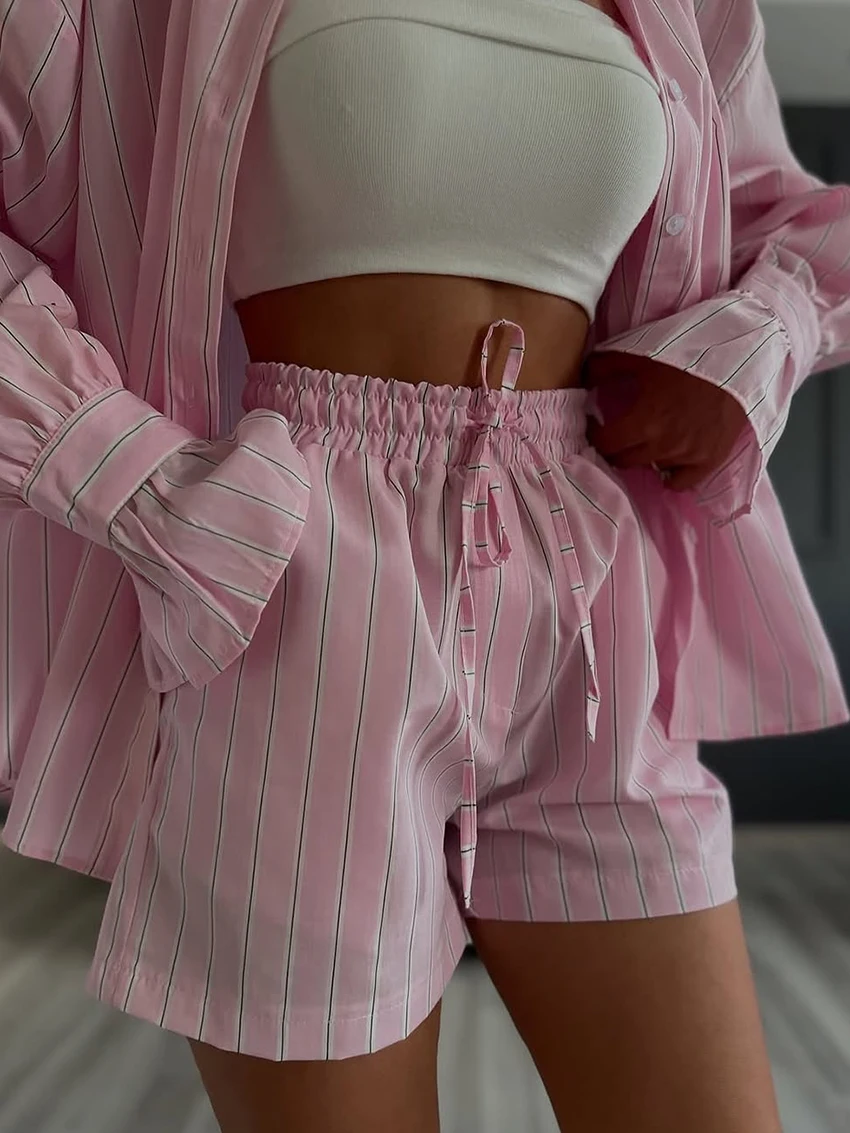 Marthaqiqi Printing Loose Ladies Nightgown Set Turn-Down Collar Nightwear Long Sleeve Pajama Shorts Casual Female Sleepwear Suit
