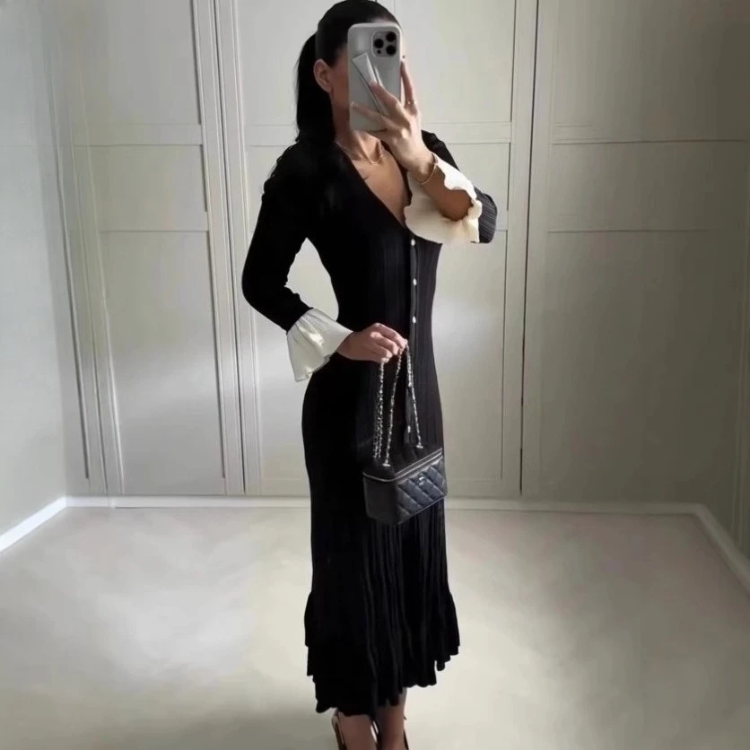 

Woman black long sleeve knit dress single breasted slim fit evening party midi gown