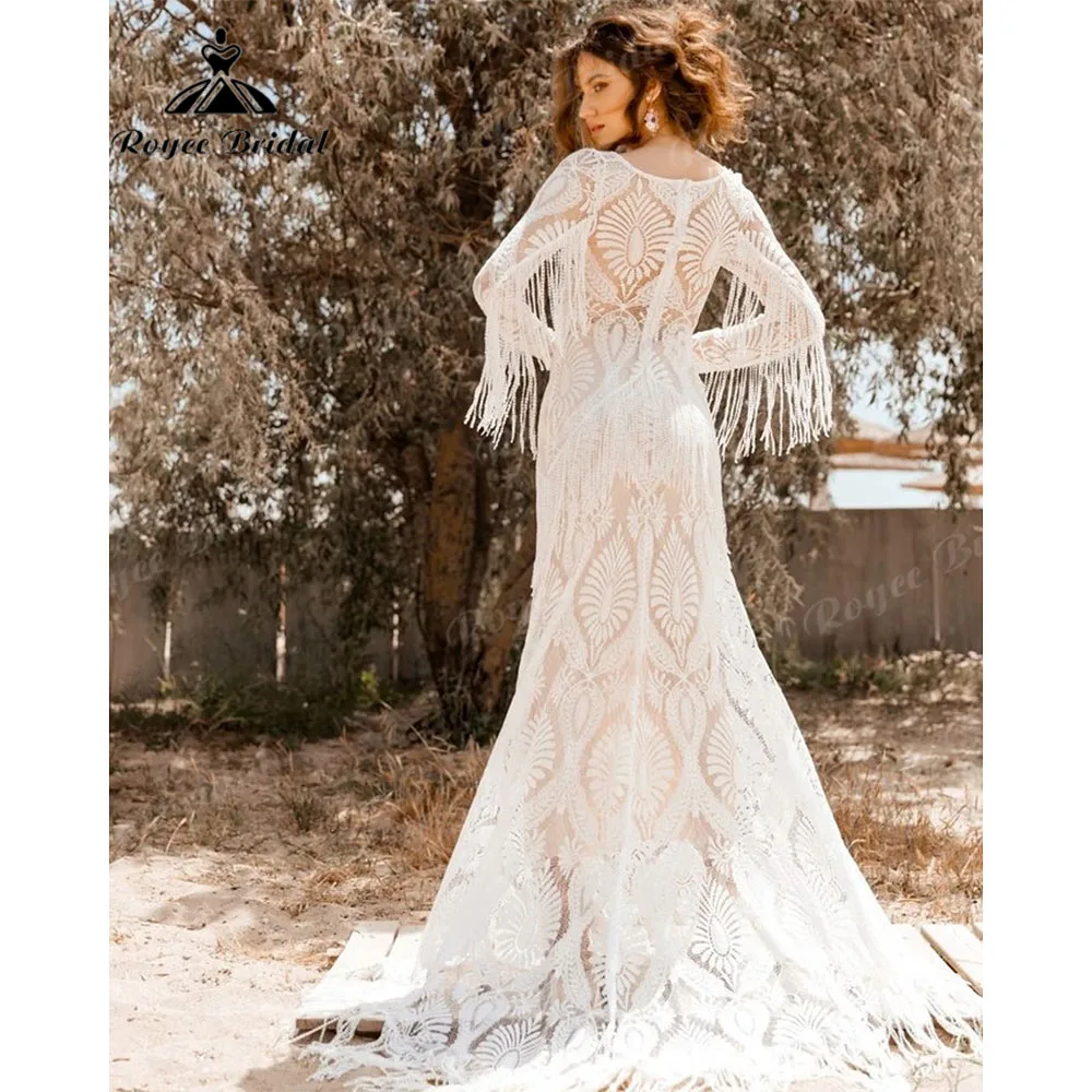 Romantische Quasten Spitze Boho Böhmischen Langarm Meerjungfrau Hochzeit Kleid 2023 Brautkleider Nach Maß vestido noiva boho chic Sexy