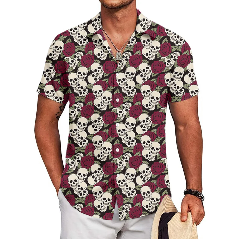 

Unisex Vintage Skeleton Rose Button down Shirt Casual Loose Short Sleeve 3D Skull Graphic Print Streetwear Shirt for Men