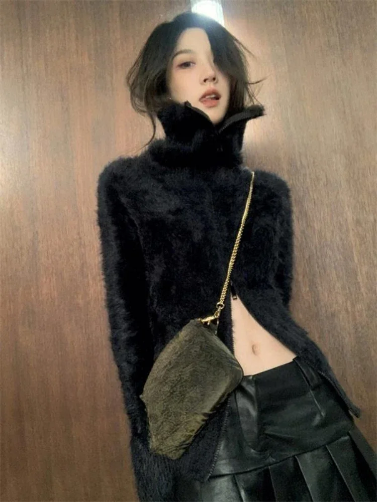 

Уличная одежда 2024, винтажный однотонный меховой кардиган, женский вязаный повседневный свитер с двойной молнией, пальто Y2k, эстетичная водолазка, топы в стиле гранж