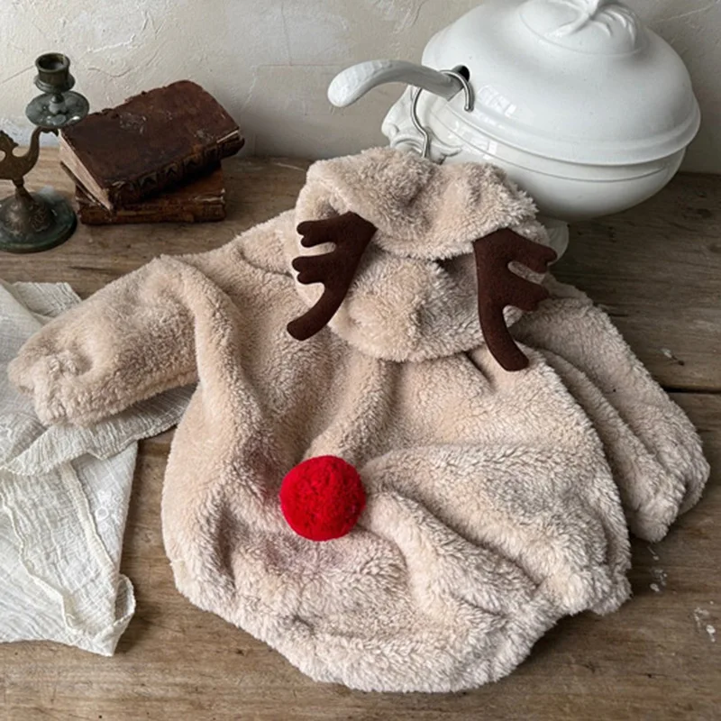 طفل الرنة رومبير عيد الميلاد بيجامة من الصوف شتاء دافئ أفخم بذلة للرضع بنين بنات لطيف الحيوان زي لعيد الميلاد