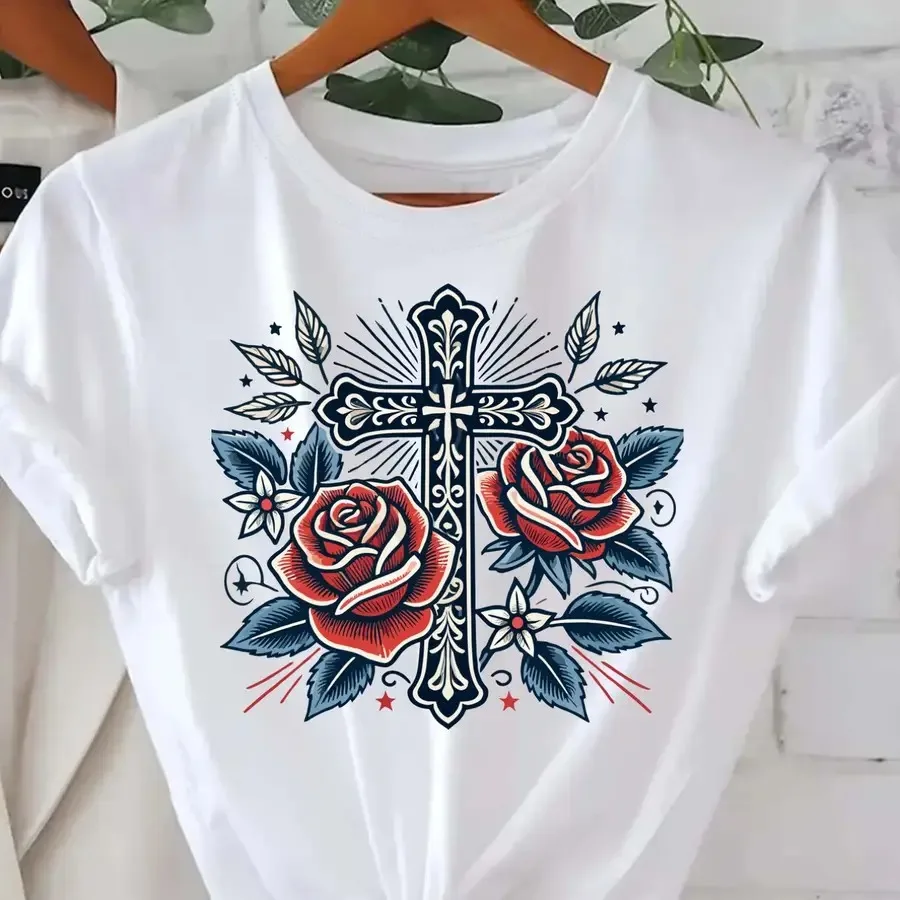 

【New style】Casual Crew Neck T-Shirt for Women Featuring a And Rose Design pired by Faith with a Regular Length And Comfortable