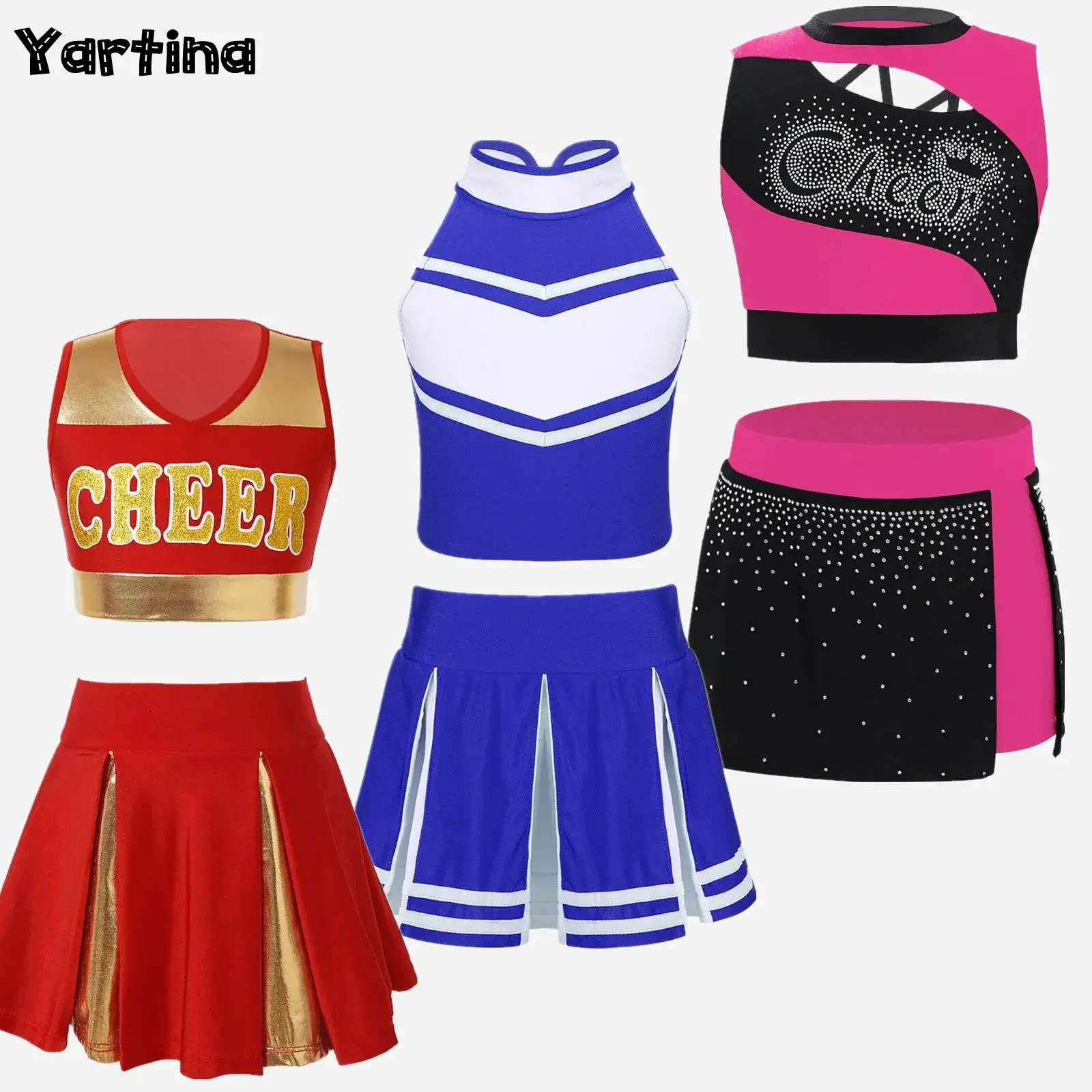 

Kids Girls Cheerleading Uniform Cheerleader Costume Ballet Modern Sports Cheer Dance Outfits Letter Print Crop Top with Skirt