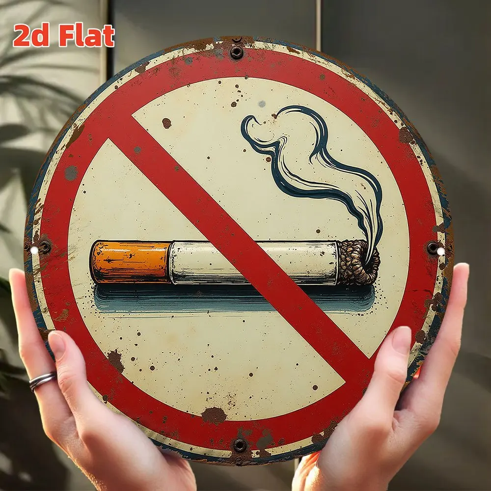 2D Flat - Vintage 2D Flat No Smoking Sign, Aluminum Wall Hanging, Round Decorative Plaque for Hospital, School, Restaurant