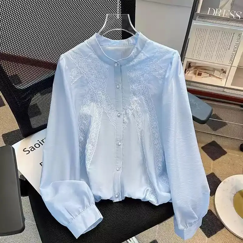 

French-Style White Shirt For Women, High-End, Spring/Autumn New Model, Beautiful Lace Trim, Long-Sleeved, Pretty Blouse