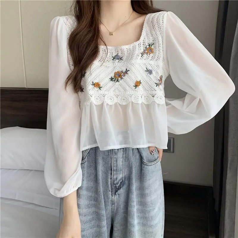 Korean Style Blouse Women Hollow Out Crochet Knitted Long-sleeved Square Collar Office Lady Versatile Embroideries Tops Female