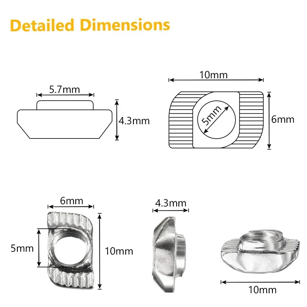 100pcs 2020 Series T Nuts T-Slot Nut Hammer Head Fastener -Plated Carbon Steel Sliding T Nuts for Aluminum Profile M3 M4 M5