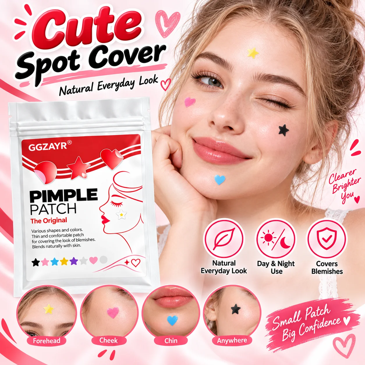 220PCS Colorful Pimple Patches, 6 Sheets Star Heart & Dot Hydrocolloid Face Spot Stickers for Day & Night Use