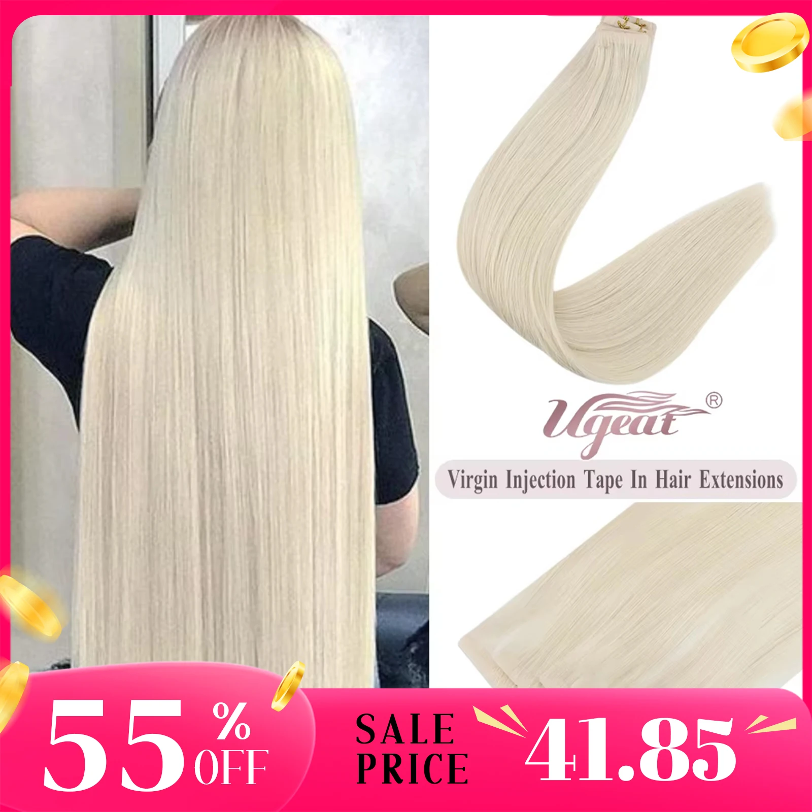 [12 Months] Ugeat Invisible Tape in Human Hair Extensions 10A Grade Seamless Skin Weft Injection Virgin Tape in Hair 2.5G/Pieces