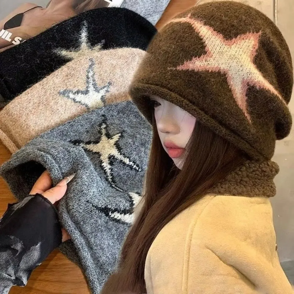 Y2K Style Star Patterned Beanie Cap Elastic Edge Curl Knitted Hat Soft Brimless Ear Protection Slouchy Hat