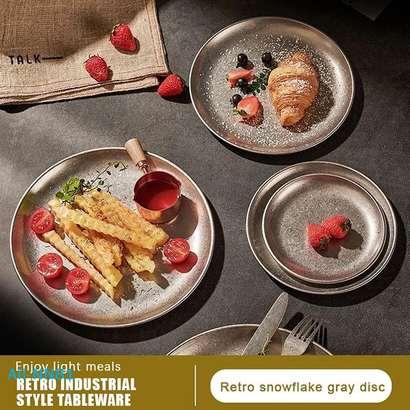 【N】Stainless Steel Plates Vintage Multi-Function Storage Tray Classical Durable Western Dish Steak Dessert Plate Table Decor