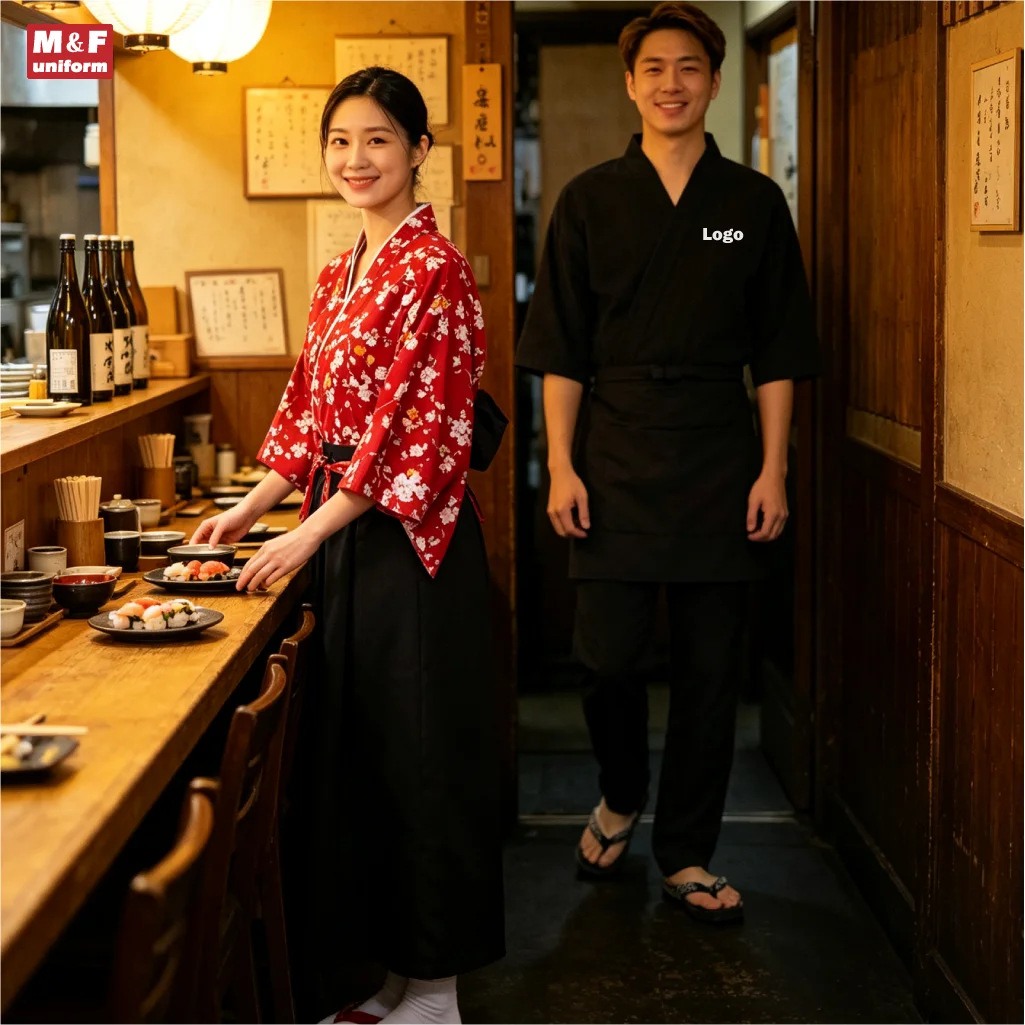 Red Sakura Japanese Restaurant Uniform Cherry Blossom Kimono Set Black Chef's Clothing Skirt-Pant Ensemble Server Floral Outfit