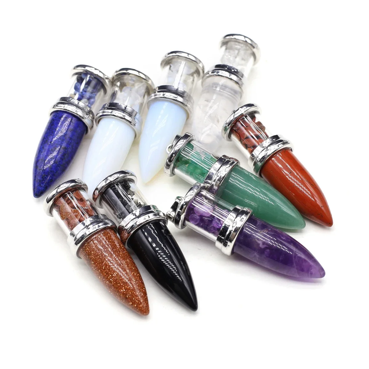 17x55mm Natural Stone Bullet Pendant Glass Tube Filled Stone Chips Crystal Point Charm for DIY Necklace Jewelry Making Supplies