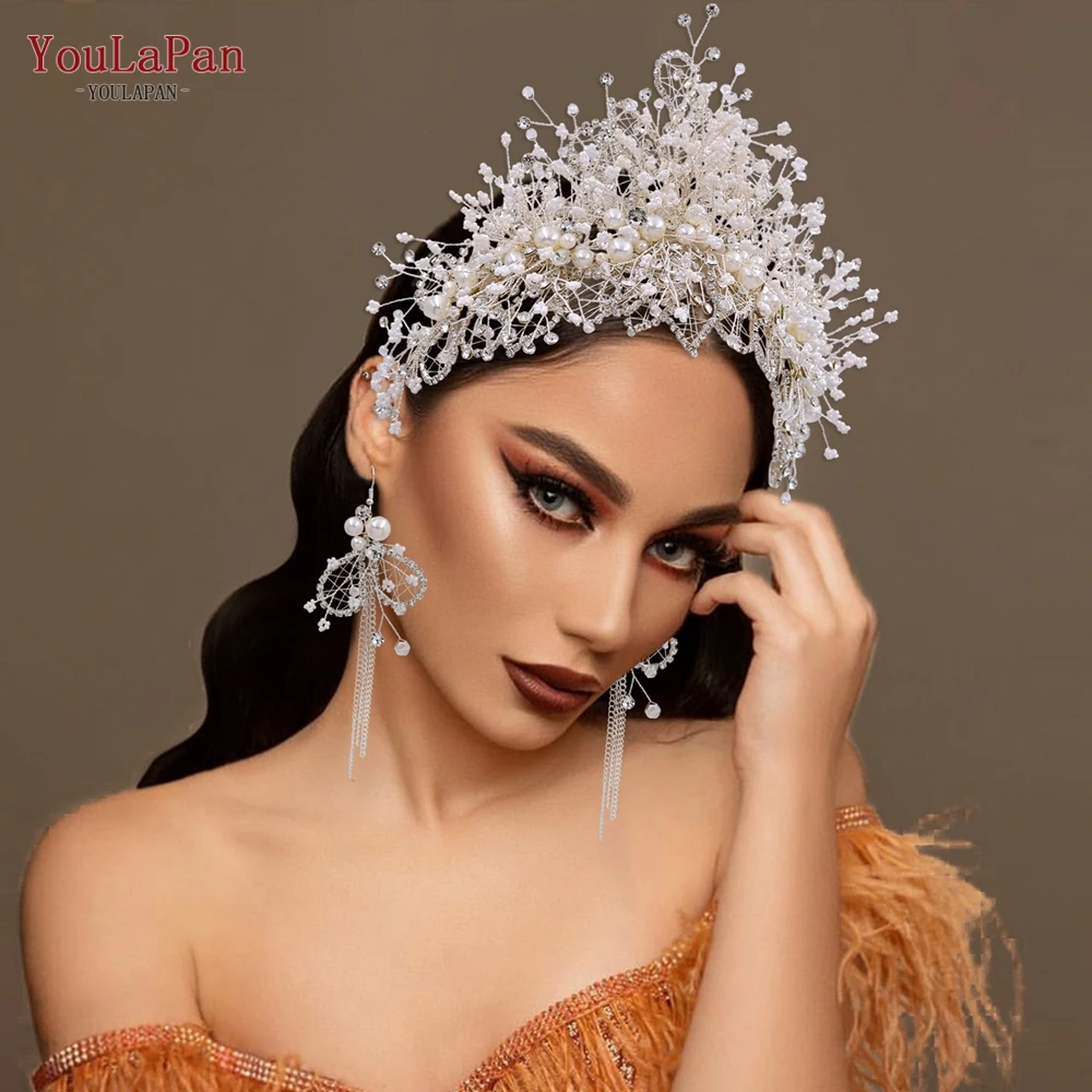 YouLaPan Luxury Wedding Crown Handmade Beaded Pearl Rhinestone Wedding Headband Hair Accessories Bridal Headpieces HP245