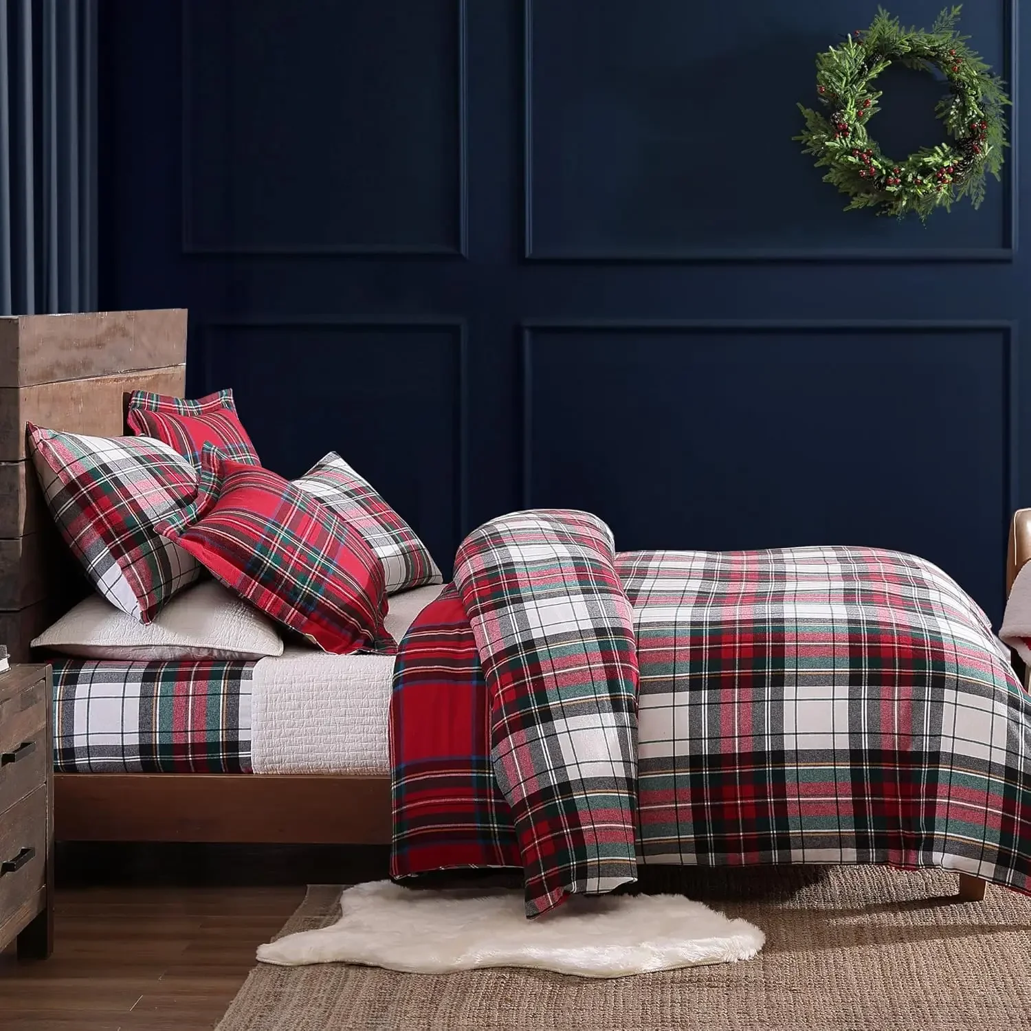 Plaid Duvet Cover Set  King Duvet Cover + Two King Pillow Cases Tartan Plaid Red, Green, White, Blue, Gold  Duvet