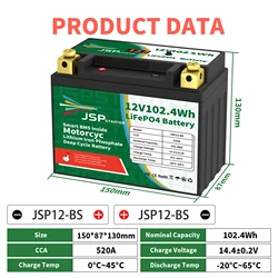 JSP12-BS 12.8V 102.4Wh CCA 520A BMS Motorcycle Start Battery 12.8V Lithium iron Phosphate Scooter LiFePO4 Batteries YTX12-BS