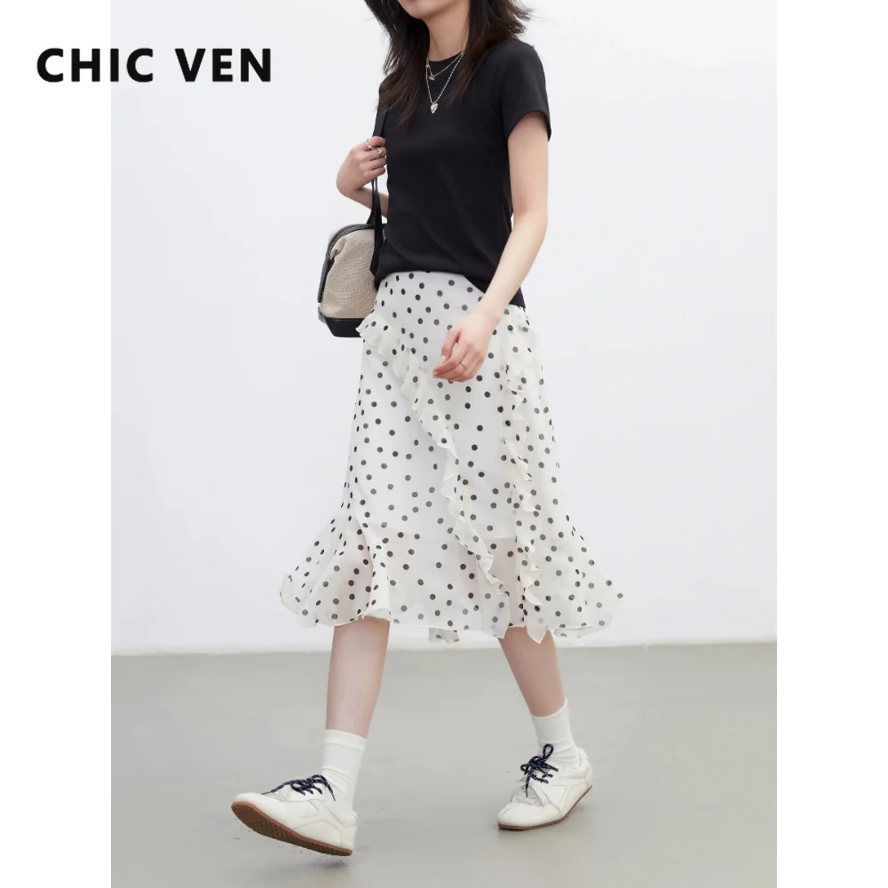 CHIC VEN Fashion Women Skirts Loose Casual Retro Polka Dot High Waist Irregular Ruffle Edge Ladies Skirt Spring Summer 2026