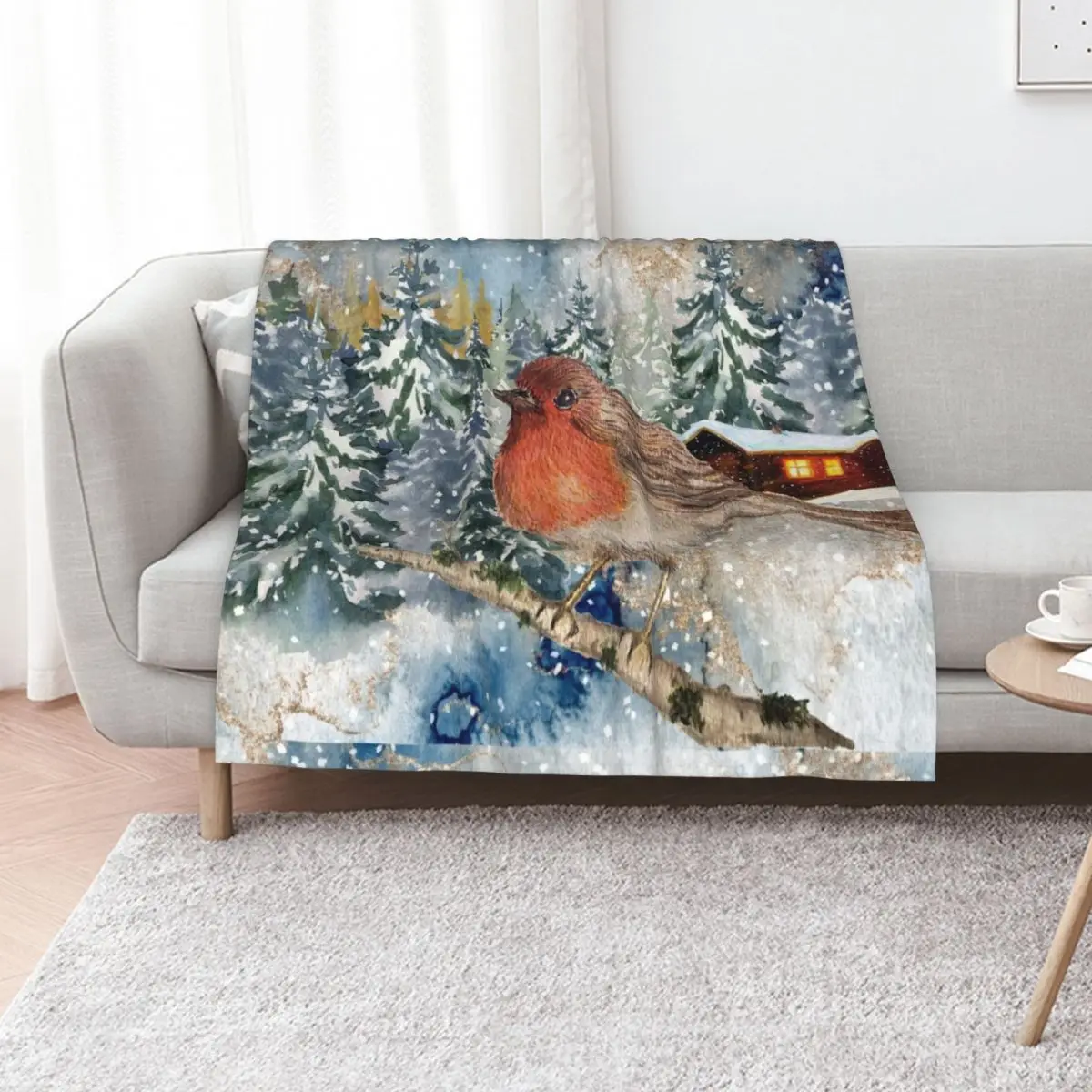 robin in the snow winter wonderland Throw Blanket for sofa Flannels bed plaid Travel warm for winter Loose Blankets